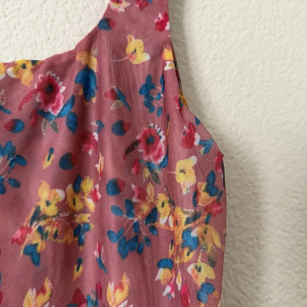Lulus Love in the Garden Mauve Floral Print Mesh Bodysuit pink yellow blue
